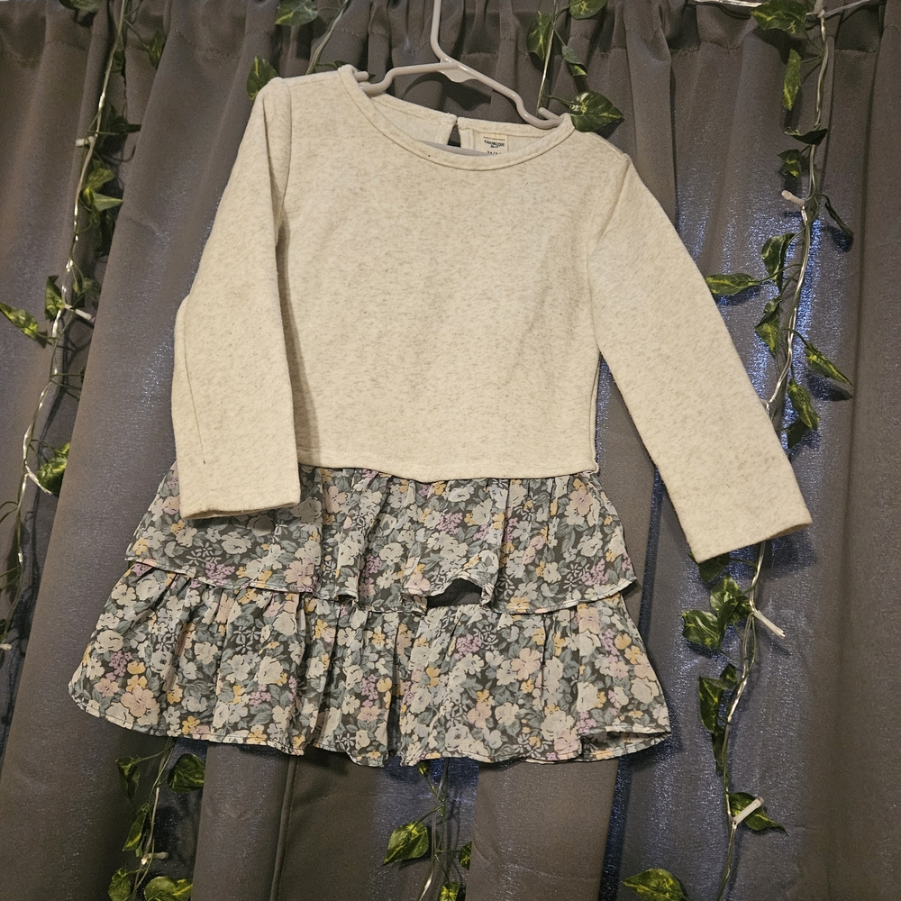 Carter's 3T Dress- Heather Gray Long-Sleeve Top with Blue Floral Ruffle Bottom